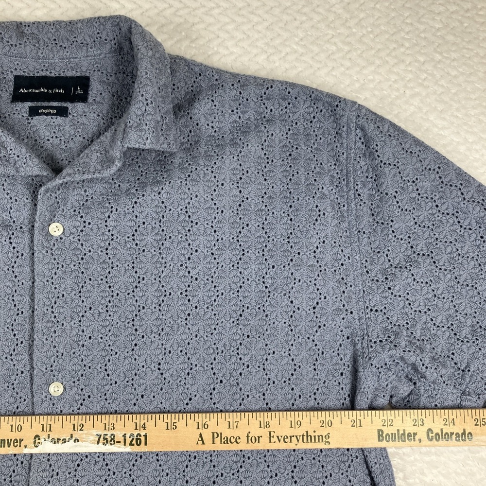 Abercrombie & Fitch Cropped Mens L Camp Collar Eyelet Lace Short Sleeve Blue - Picture 10 of 12
